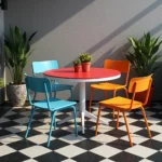 Zestaw ogrodowy retro okrągły stół czerwony z kolorowymi krzesłami