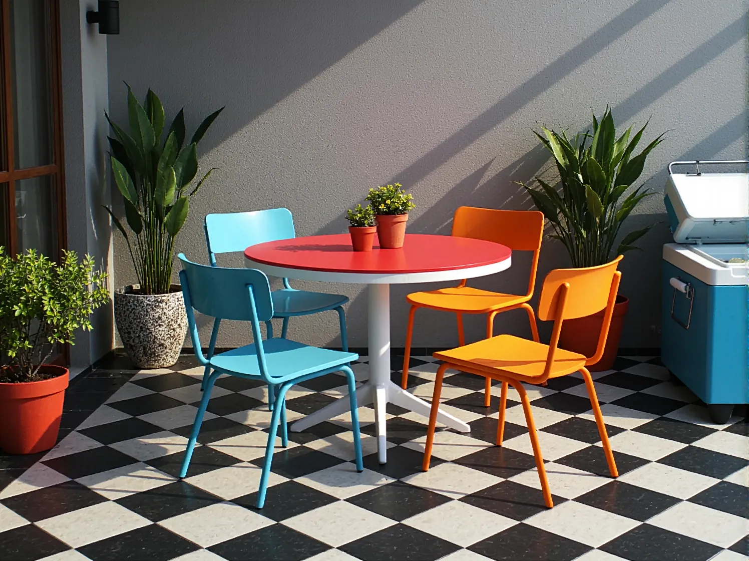 Zestaw ogrodowy retro okrągły stół czerwony z kolorowymi krzesłami