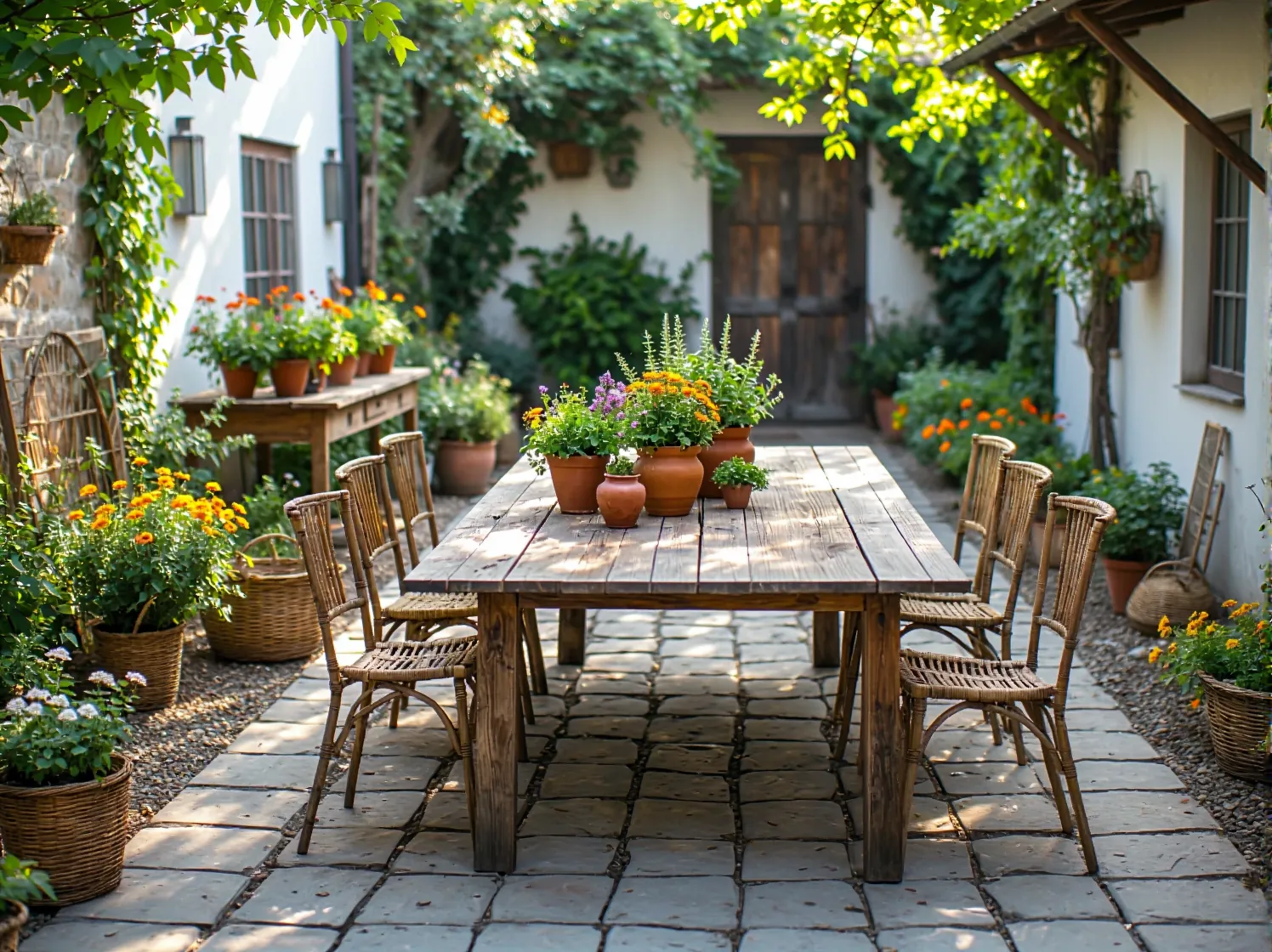 Rustykalny zestaw ogrodowy drewniany stół z sześcioma krzesłami