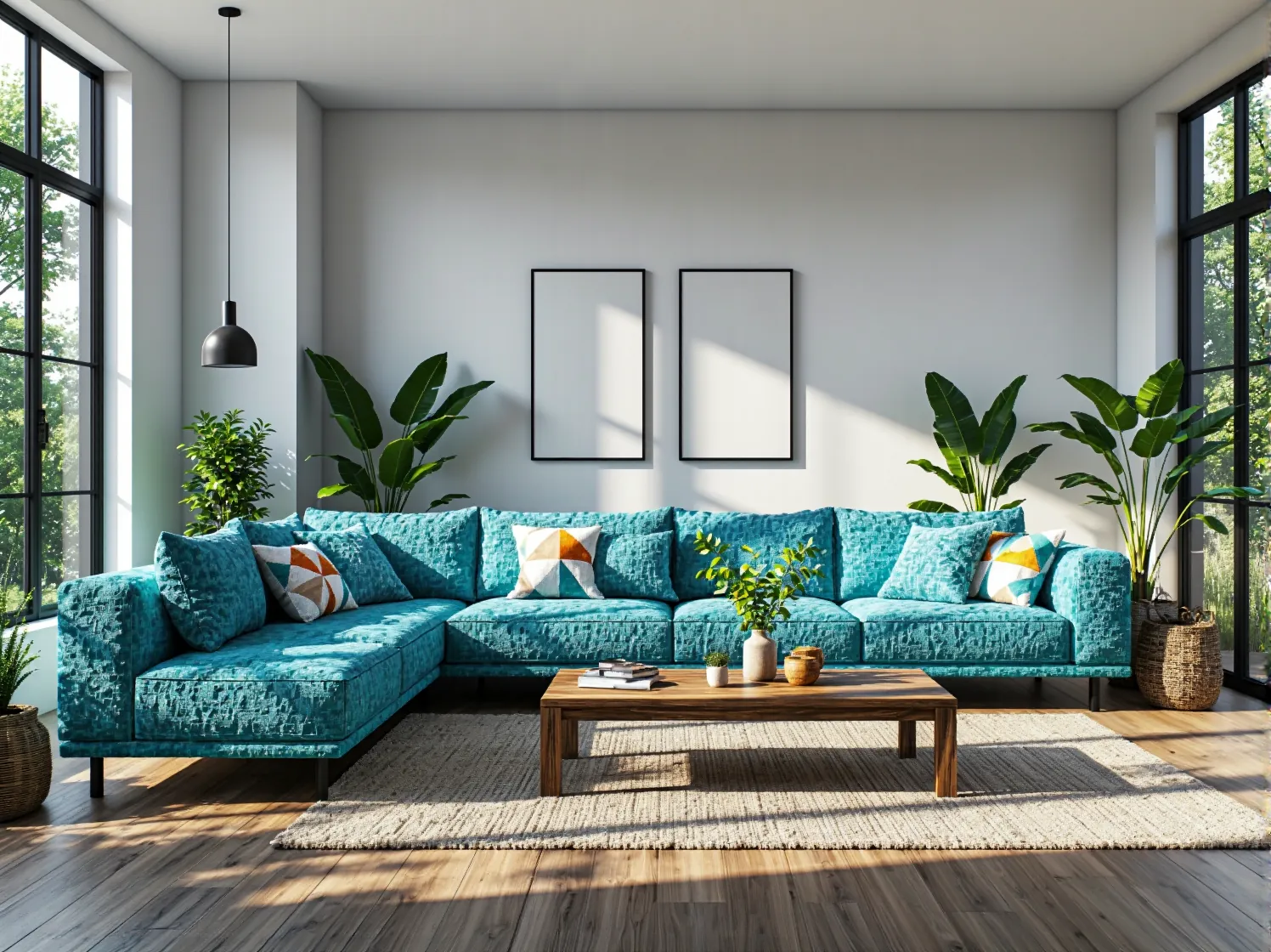 Narożnik modułowy turkusowy z tapicerką welurową i poduszkami