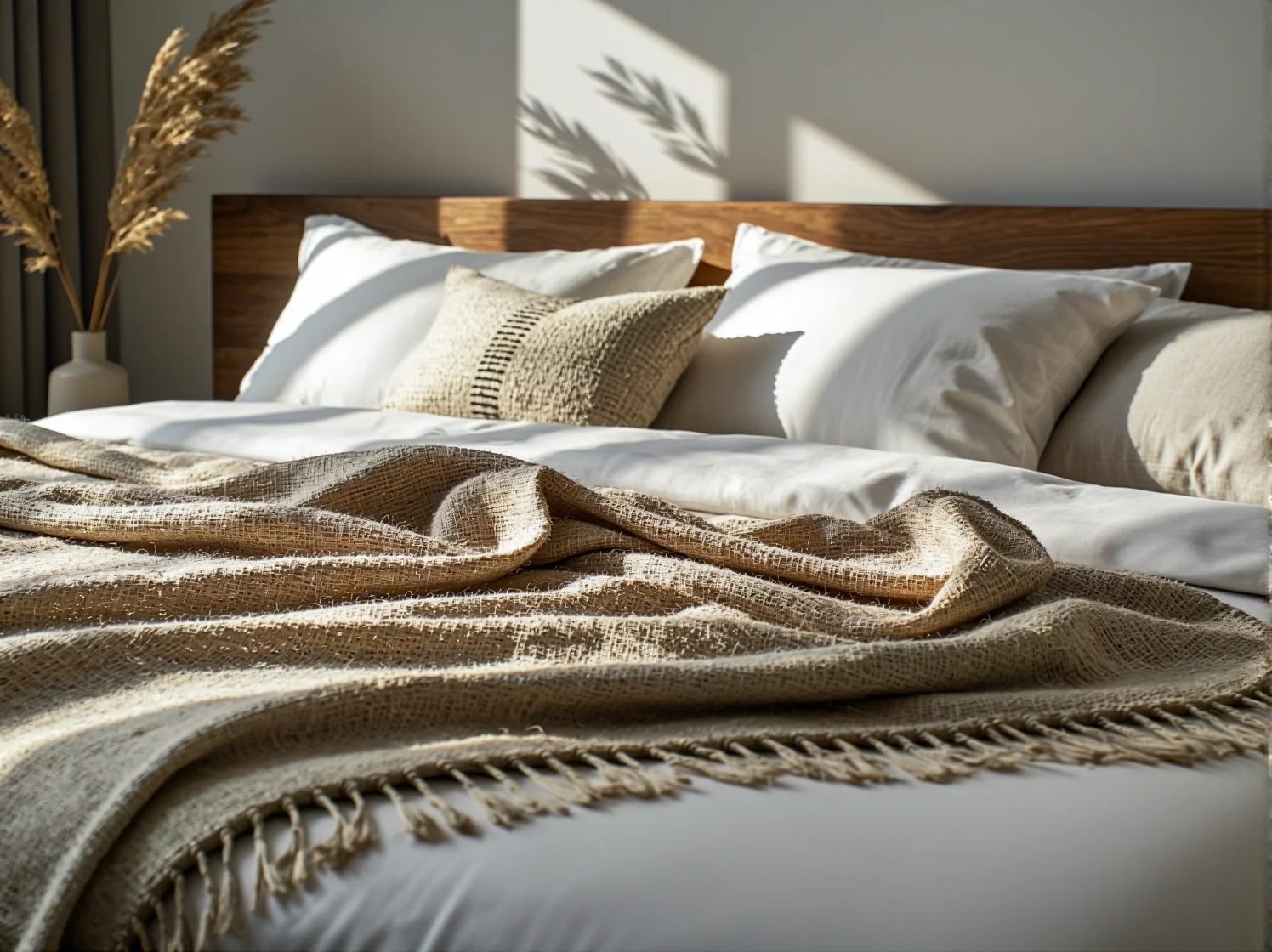 Drewniana szafka nocna z drugiej ręki i energooszczędna lampka LED. Meble z recyklingu w ekologicznej sypialni.