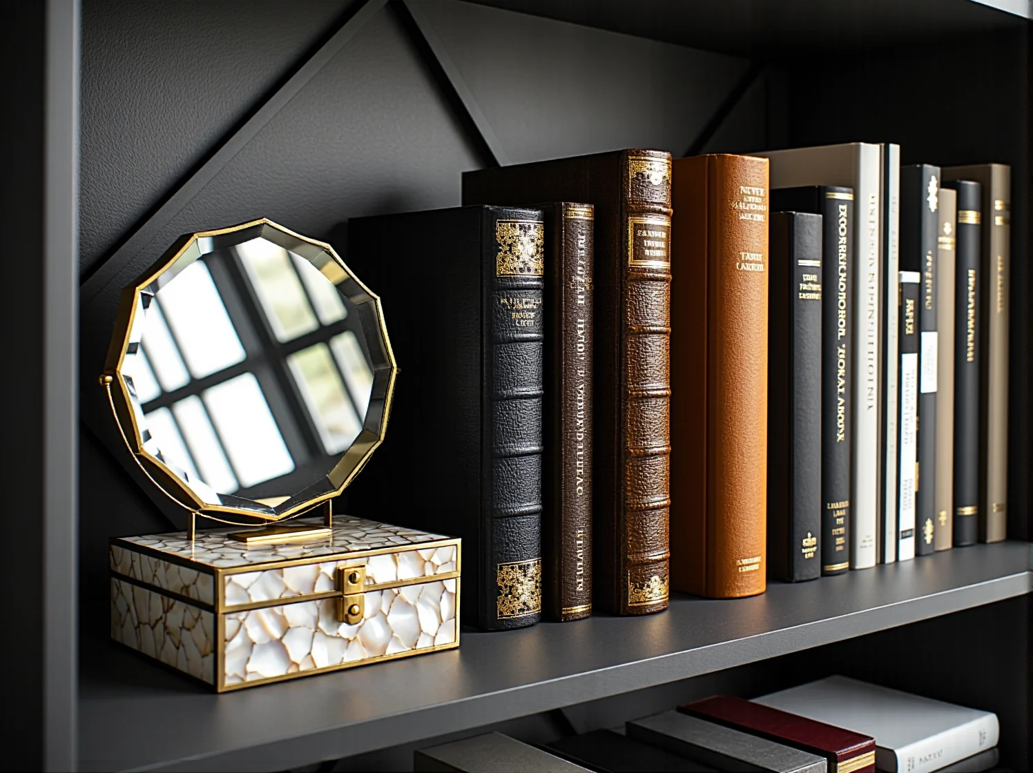 Zbliżenie na szklane półki metalowego regału glamour, który dodaje wnętrzu luksusowego charakteru.