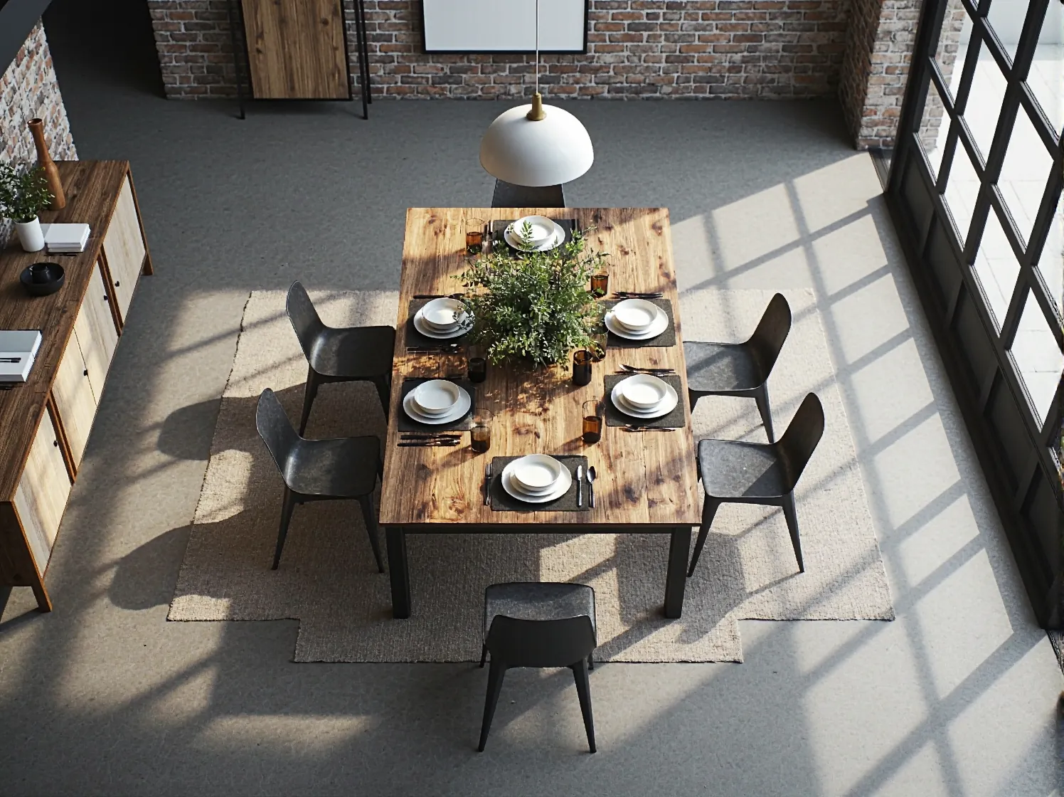 Salon w stylu loftowym z metalowym regałem i sofą. Pomysł na małe wnętrze.