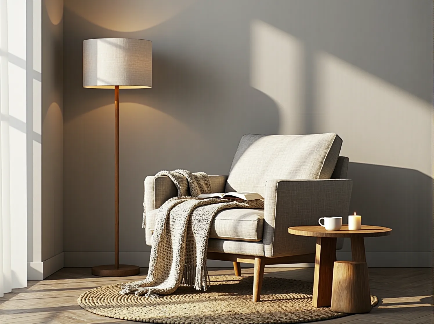 Minimalistyczne dekoracje na ścianie, takie jak proste grafiki w czarnych ramkach.