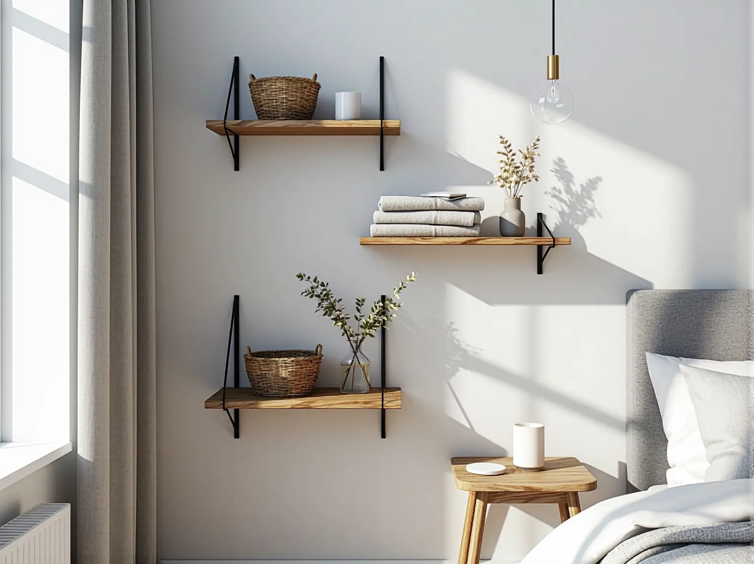 Minimalistyczne półki ścienne scandi z dekoracjami i roślinami doniczkowymi.