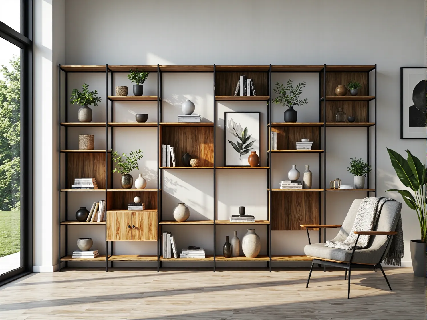 Modułowe regały i kompaktowe szafki do przechowywania w nowoczesnym biurze open space.