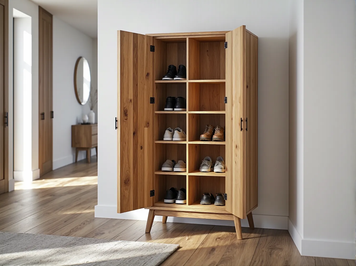 Proces montażu szafki na buty. Mężczyzna skręcający elementy drewnianego stelaża.