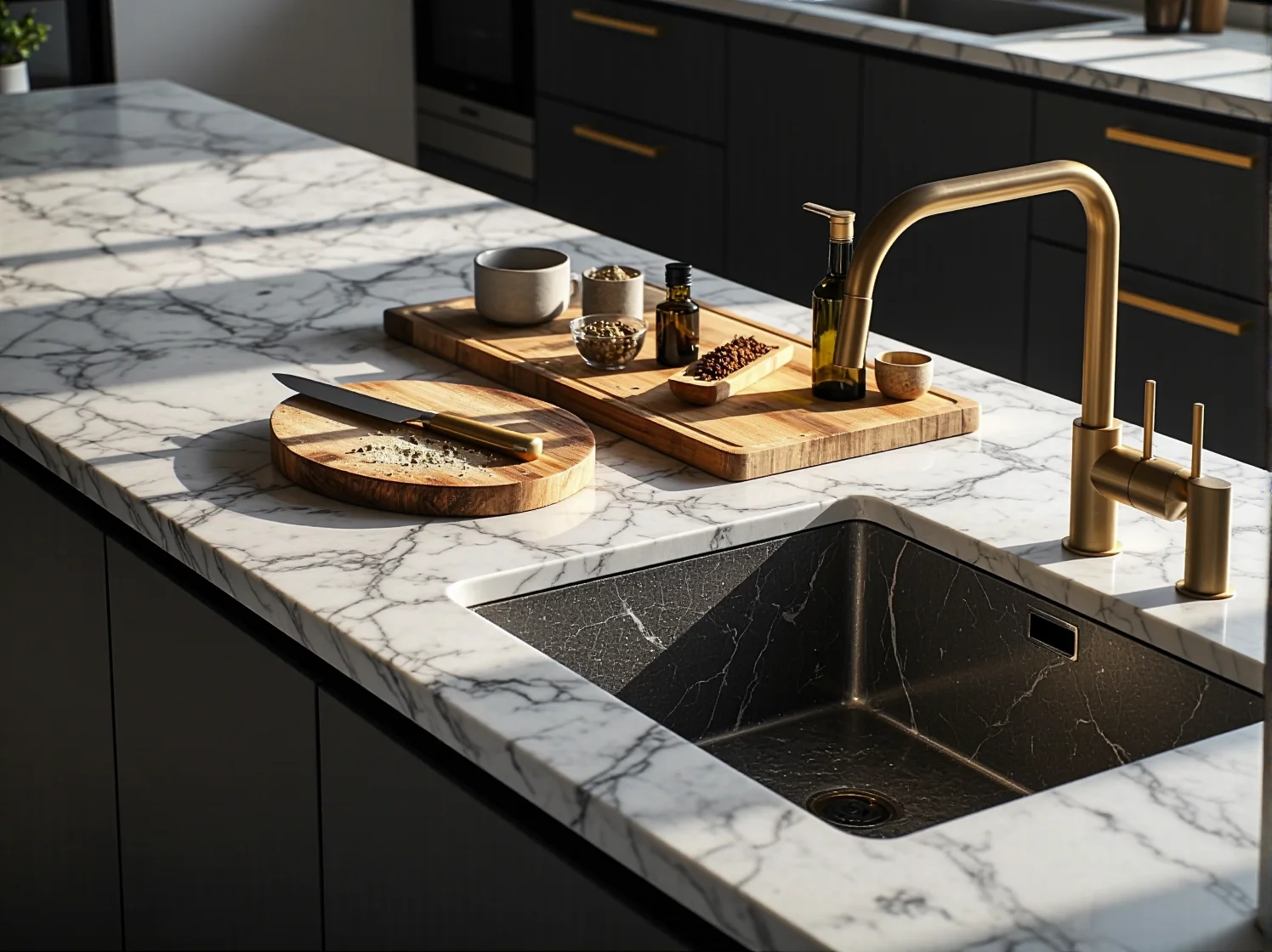 Detal mosiężnej lampy wiszącej nad blatem z białego marmuru w eleganckiej kuchni.