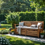 Drewniana ławka ogrodowa ze schowkiem i tapicerowanym siedziskiem