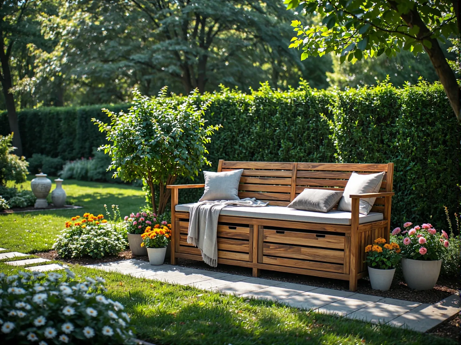 Drewniana ławka ogrodowa ze schowkiem i tapicerowanym siedziskiem