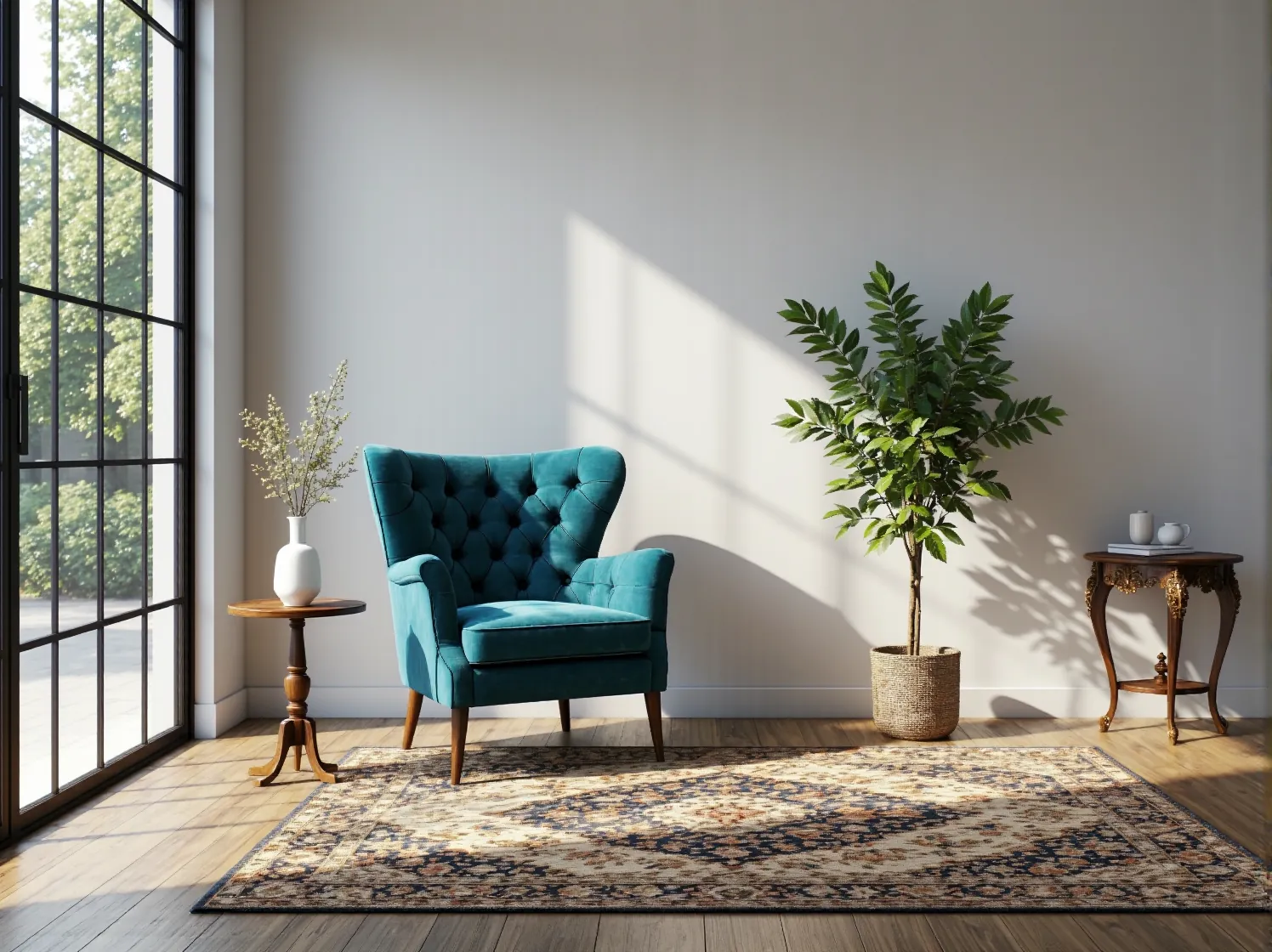 Fotel uszak turkusowy welurowy z pikowanym oparciem na drewnianych nóżkach