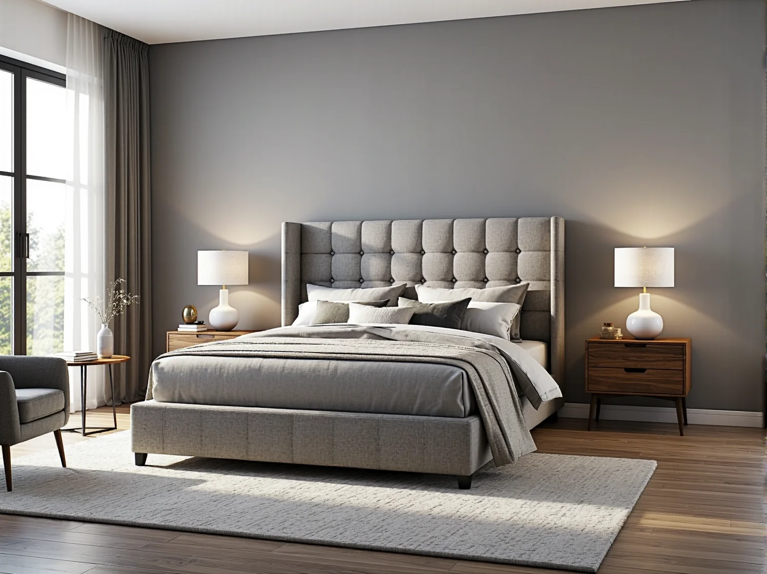 Eleganckie łóżko tapicerowane szare z pikowanym zagłówkiem