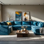 Elegancki narożnik welurowy morski z miękkimi poduszkami oparcia