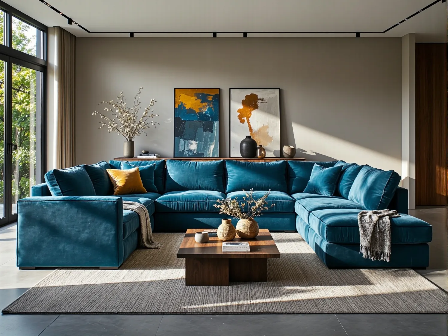 Elegancki narożnik welurowy morski z miękkimi poduszkami oparcia