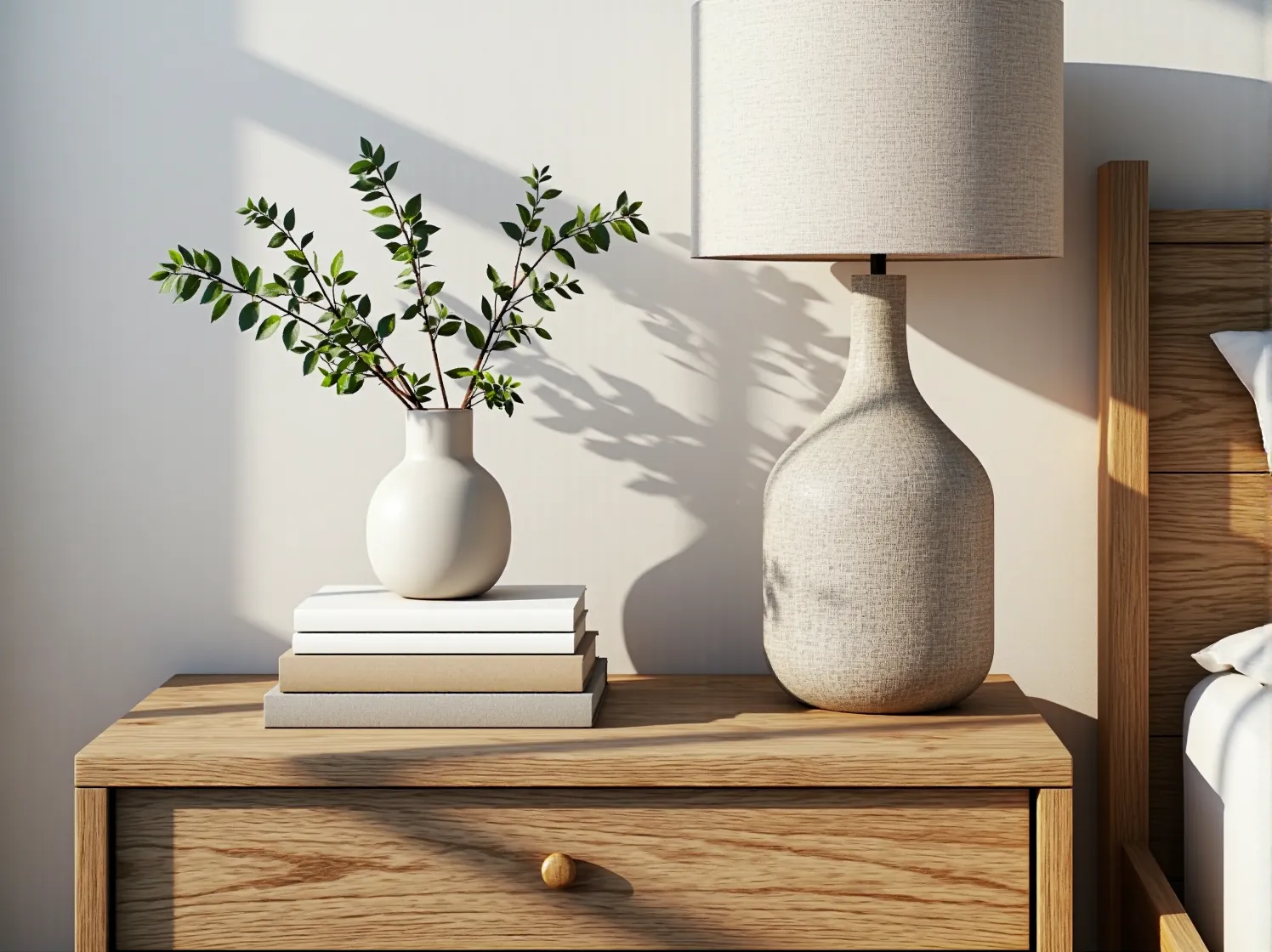 Aranżacja sypialni skandynawskiej łącząca faktury drewna, lnu i wełny w przytulne wnętrze.