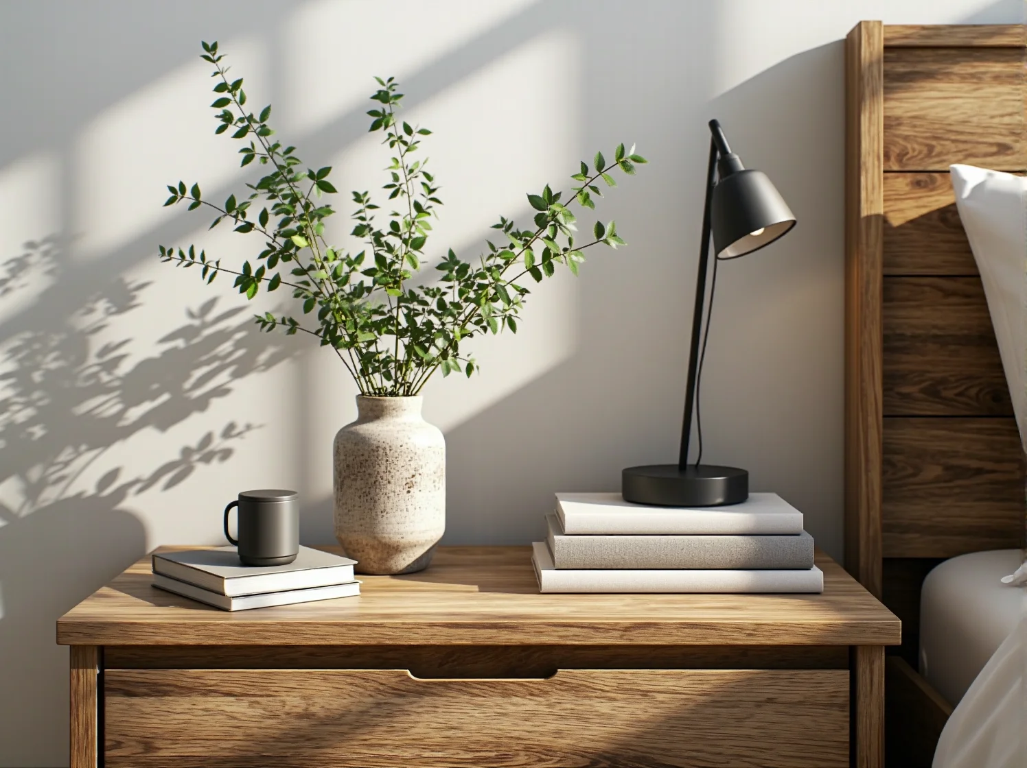 Łóżko w sypialni w stylu eko z pościelą z lnu i wełnianym kocem. Naturalne materiały w zrównoważonym designie.