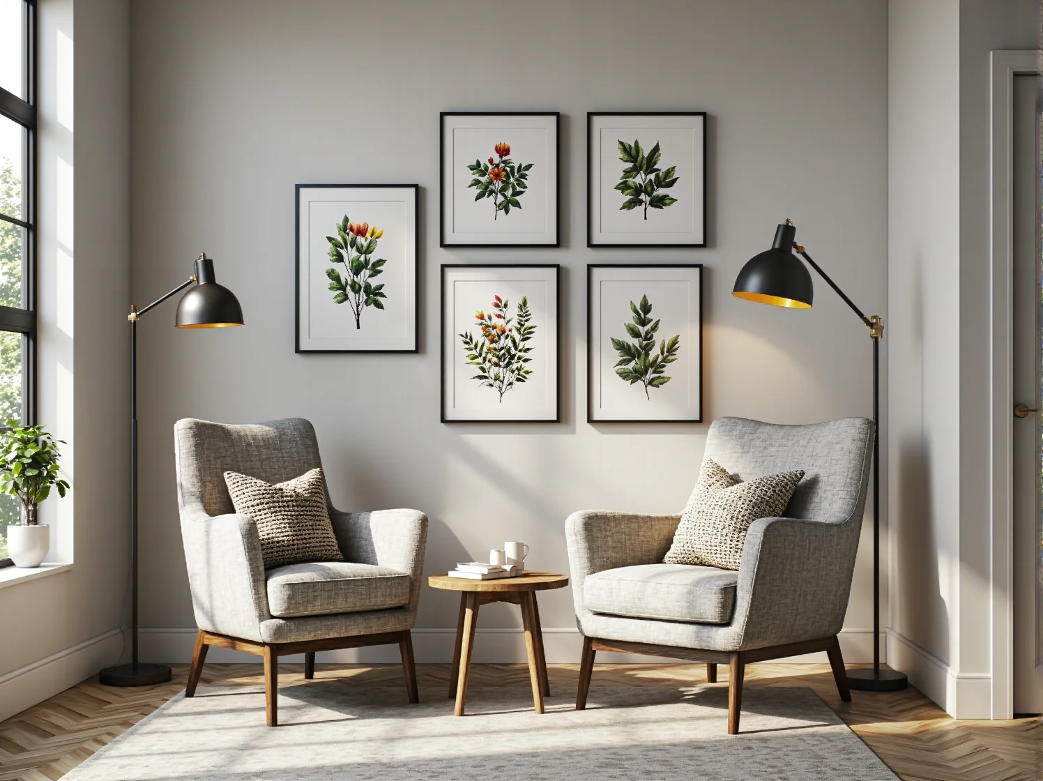 Jasna i neutralna paleta barw – biele i szarości – dominująca w spokojnej sypialni skandynawskiej.