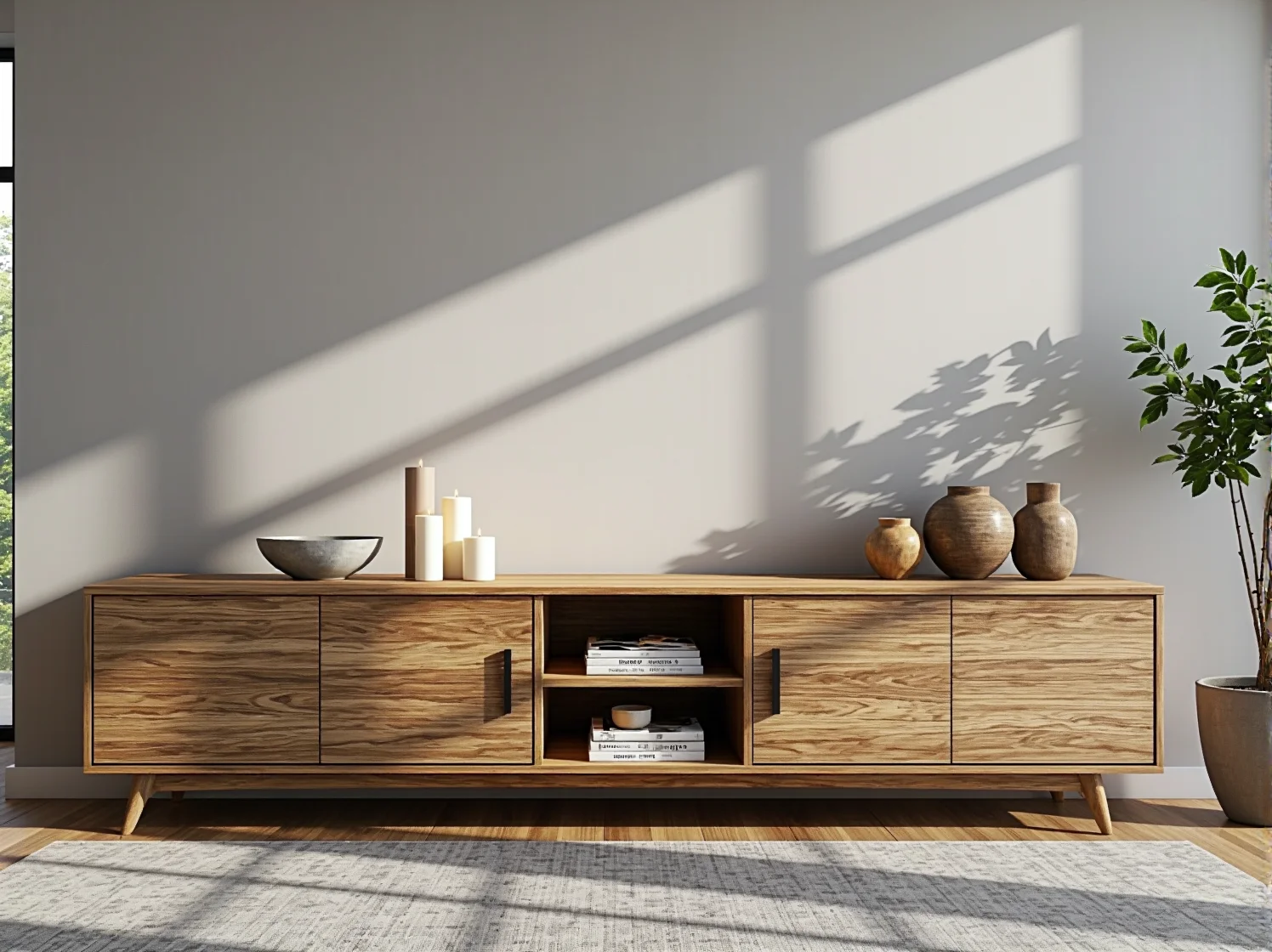 Niski, podłużny regał w skandynawskiej sypialni, który służy jako miejsce na książki i elementy dekoracyjne.