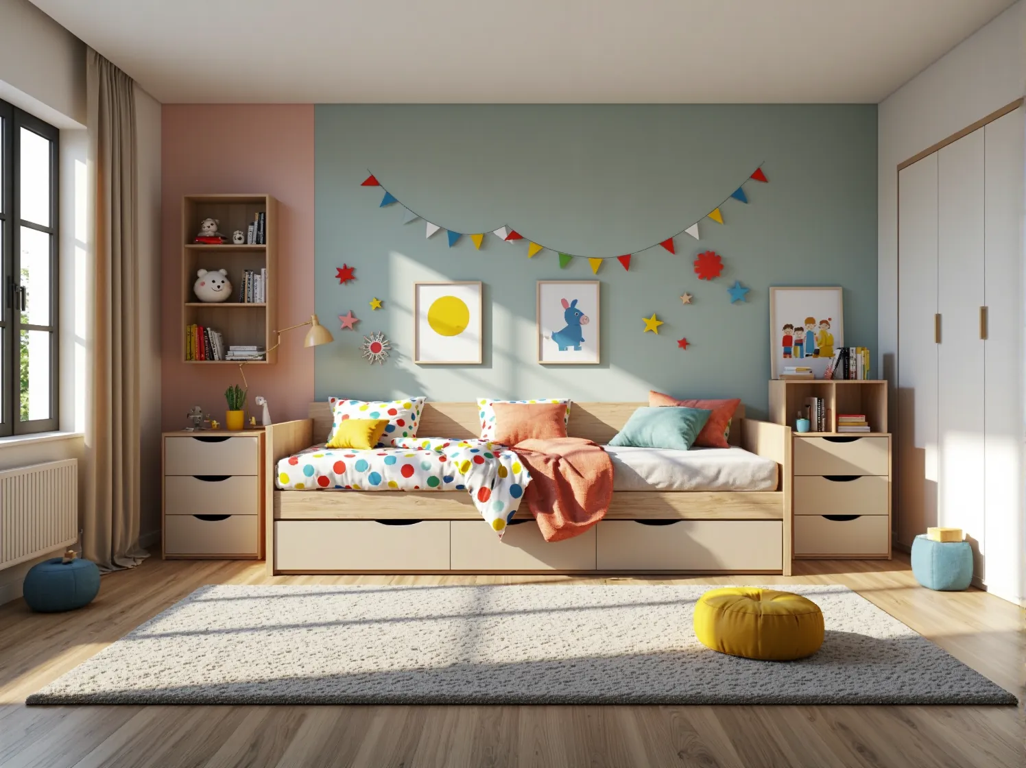 Nowoczesne drewniane łóżko rosnące dla dziecka w minimalistycznym wnętrzu.