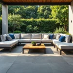 Narożny zestaw mebli ogrodowych z beżowymi poduszkami i stolikiem