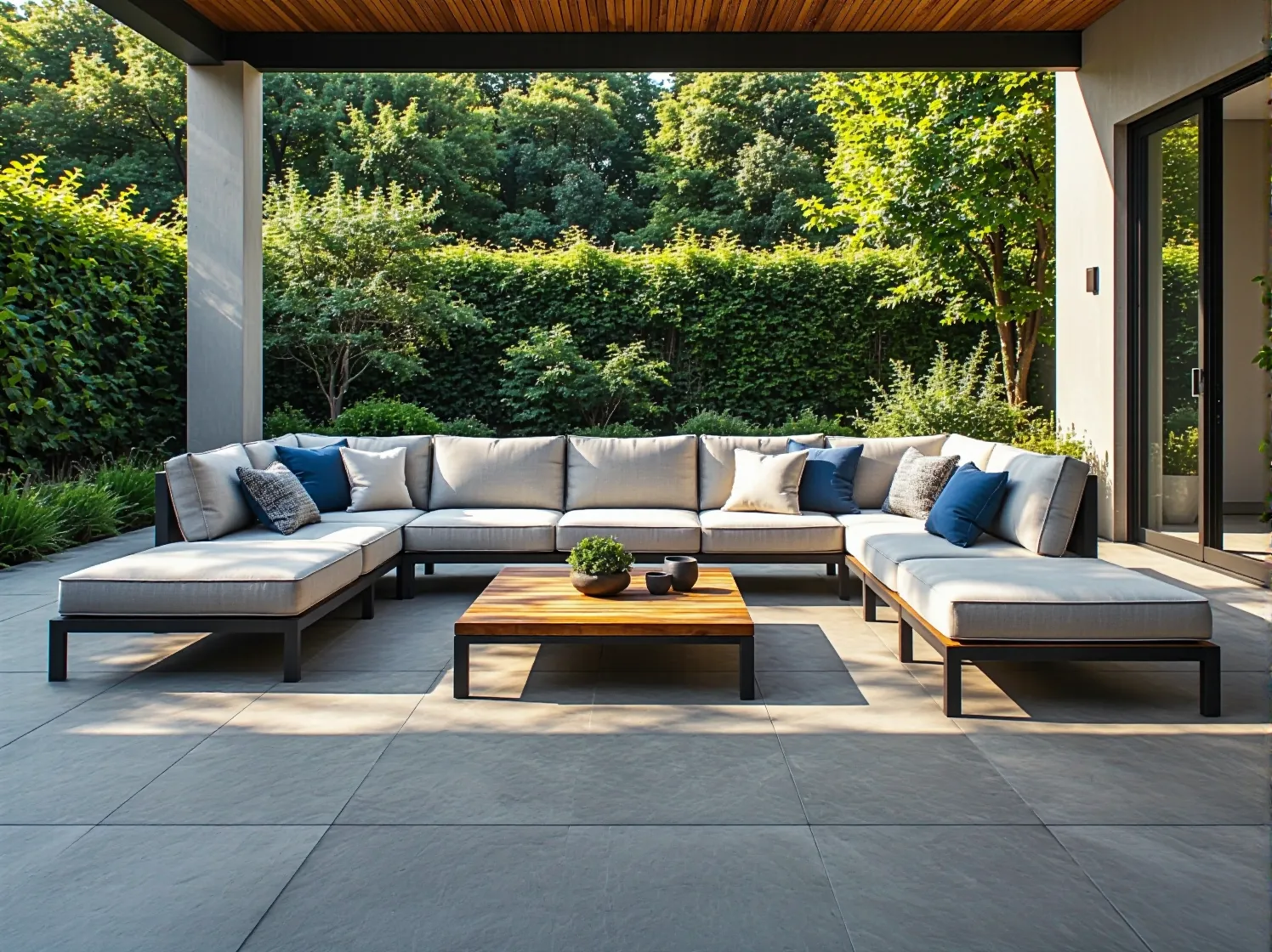 Narożny zestaw mebli ogrodowych z beżowymi poduszkami i stolikiem