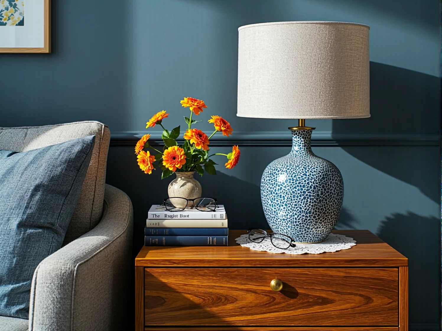 Zbliżenie na detal we wnętrzu: nowoczesna lampa stojąca obok klasycznej, drewnianej komody. Łączenie stylów mebli.