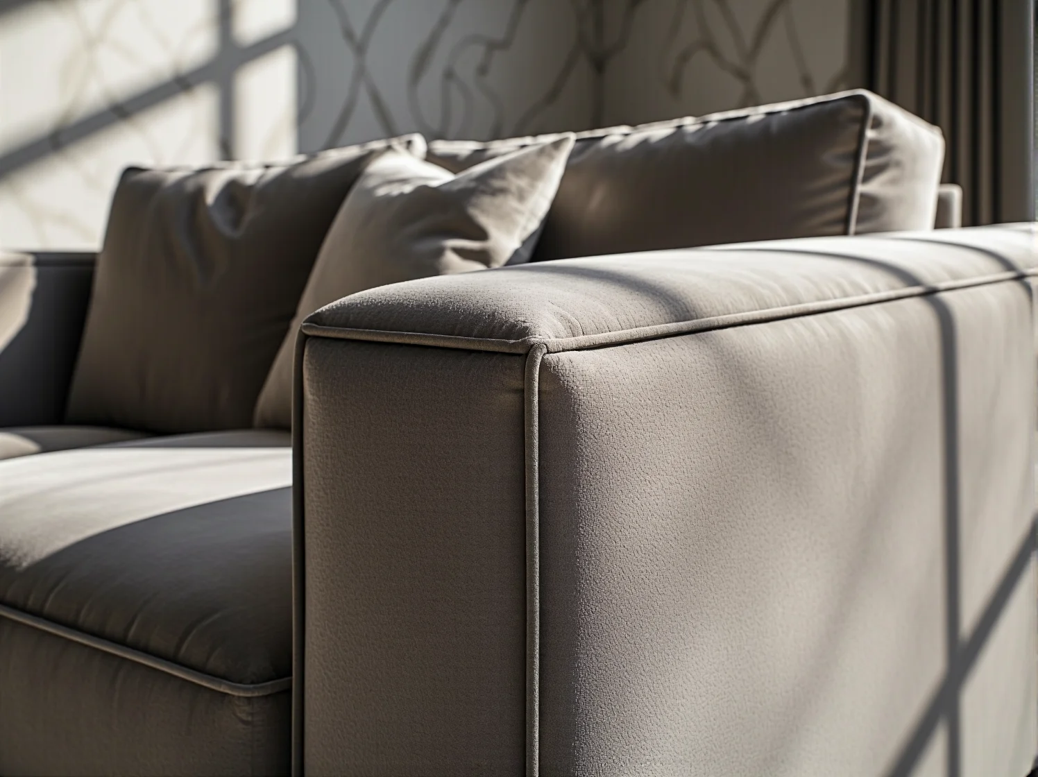 Detal wykończenia narożnika z weluru – ozdobne przeszycia podkreślające jego elegancki styl i jakość.