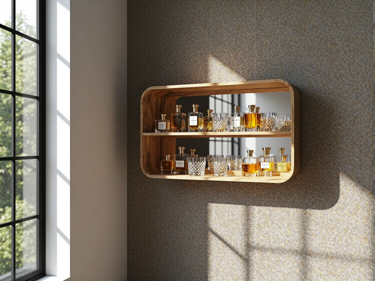 Nowoczesny, czarny regał na wysoki połysk jako centralny element aranżacji salonu w stylu glamour.