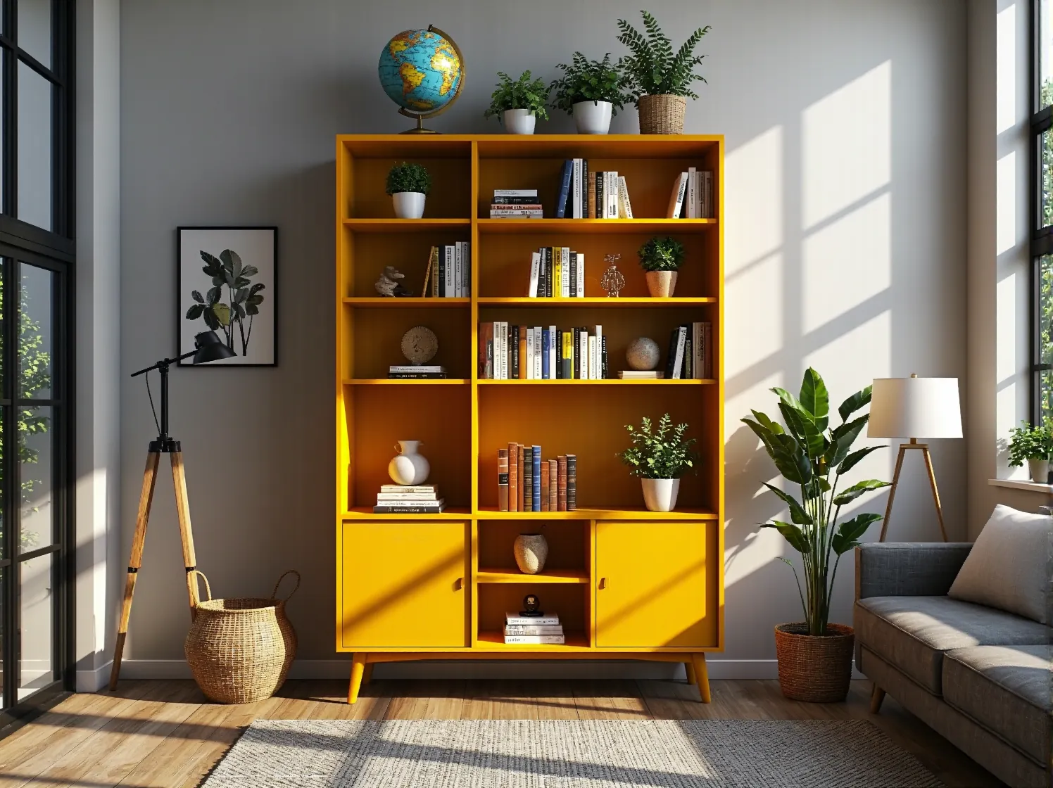 Odnowiony kredens w stylu vintage, pomalowany na głęboki granat, stojący w eleganckim salonie.