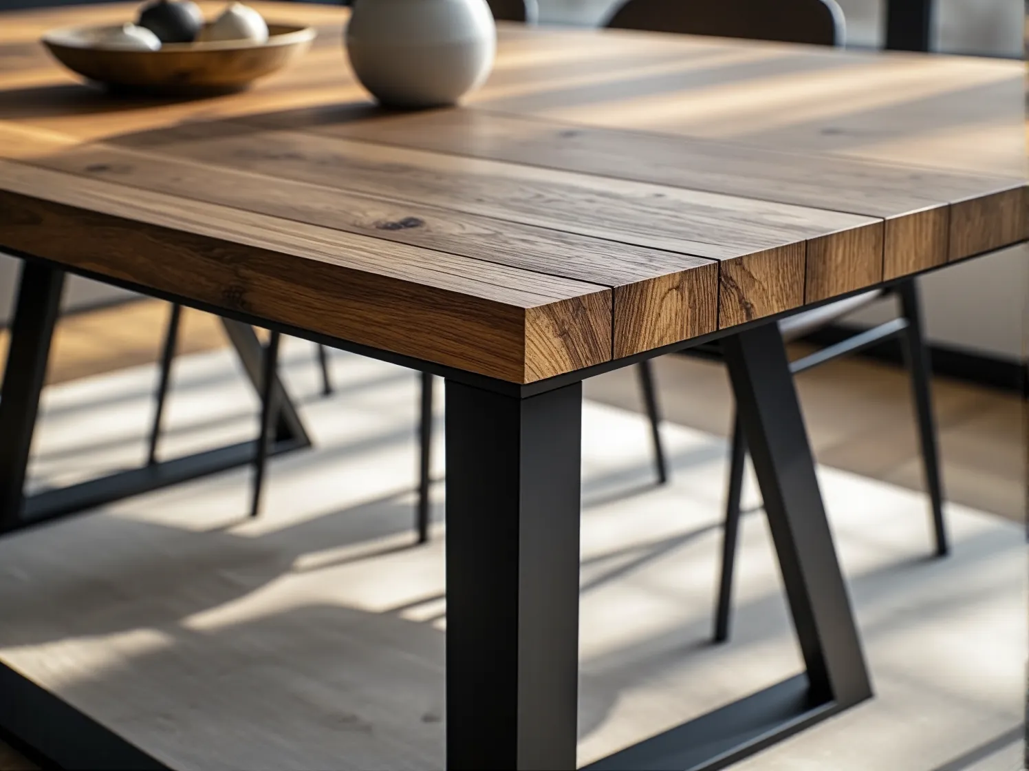 Odnowiony stół jadalniany w stylu industrialnym, gotowy do użytku. Połączenie drewna i czarnego metalu.