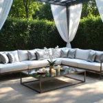 Narożny zestaw wypoczynkowy ogrodowy biały z metalową ramą