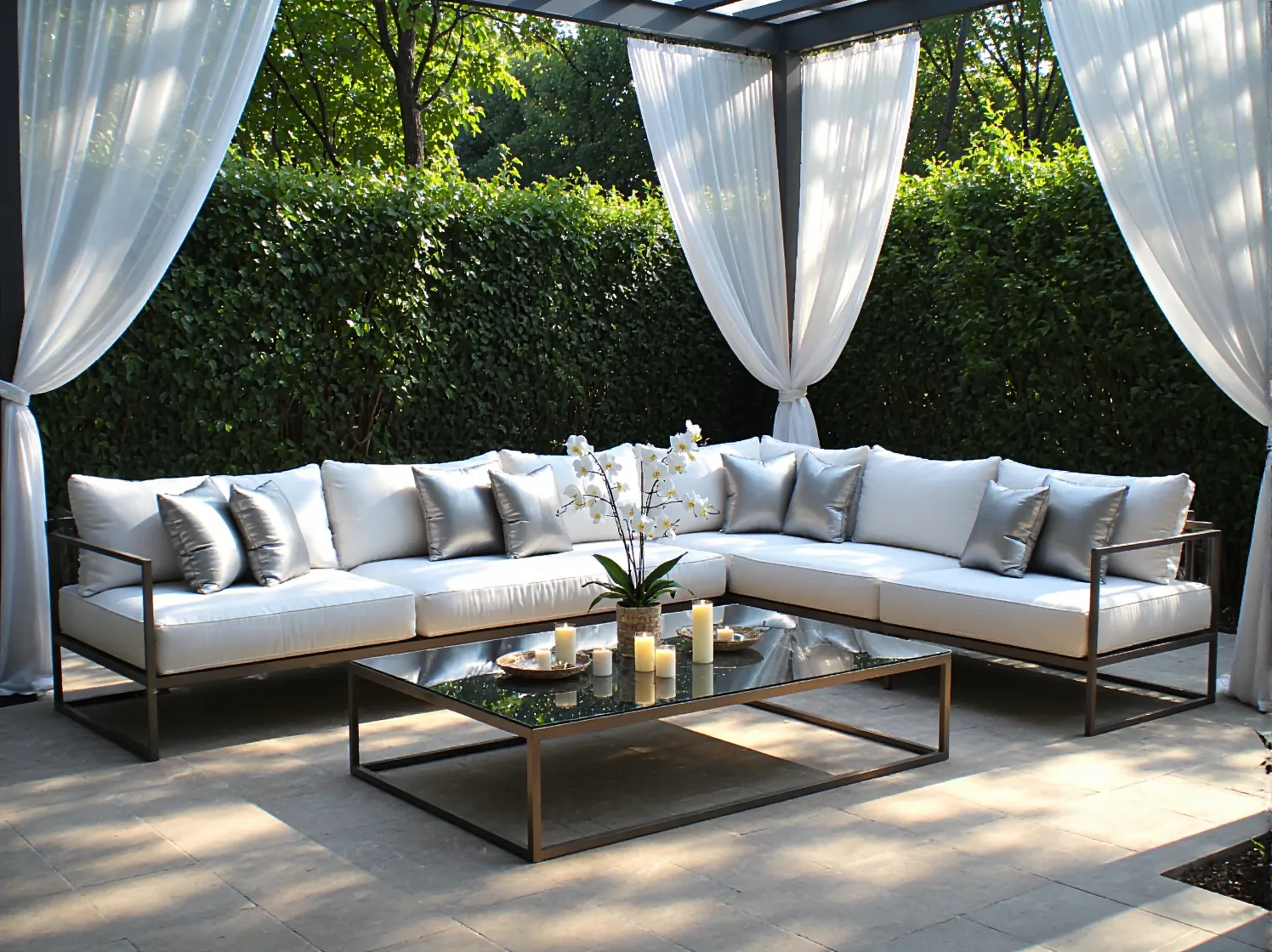 Narożny zestaw wypoczynkowy ogrodowy biały z metalową ramą