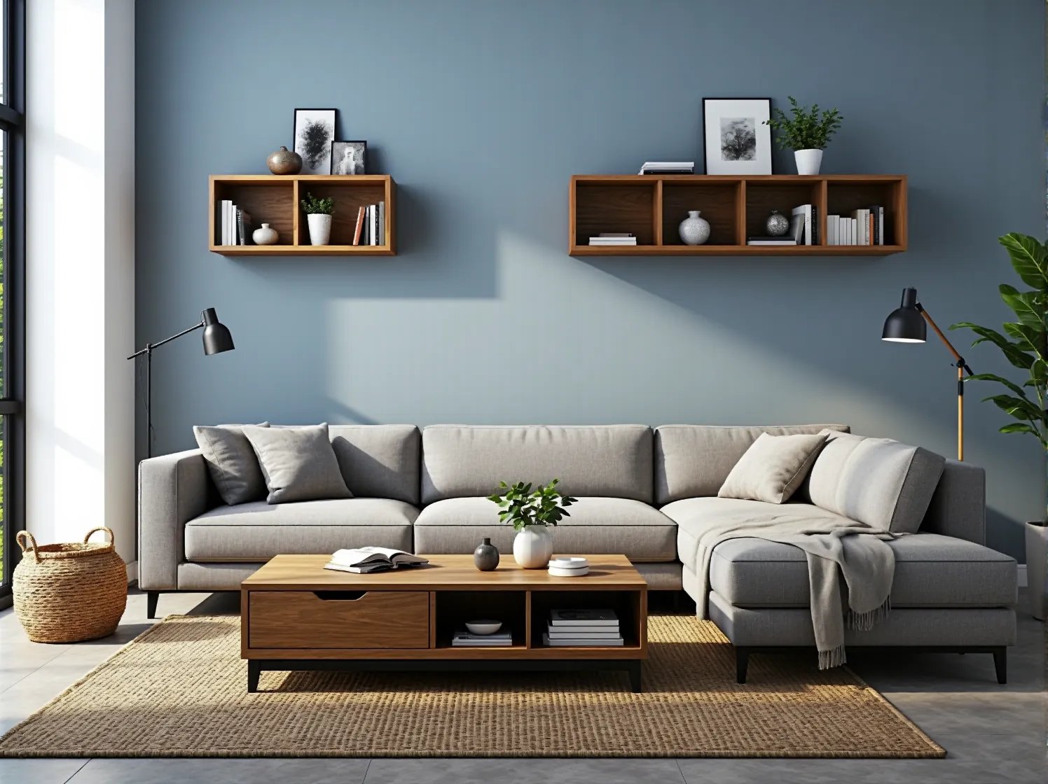 Szara narożna sofa z poduszkami i stolik kawowy dąb craft