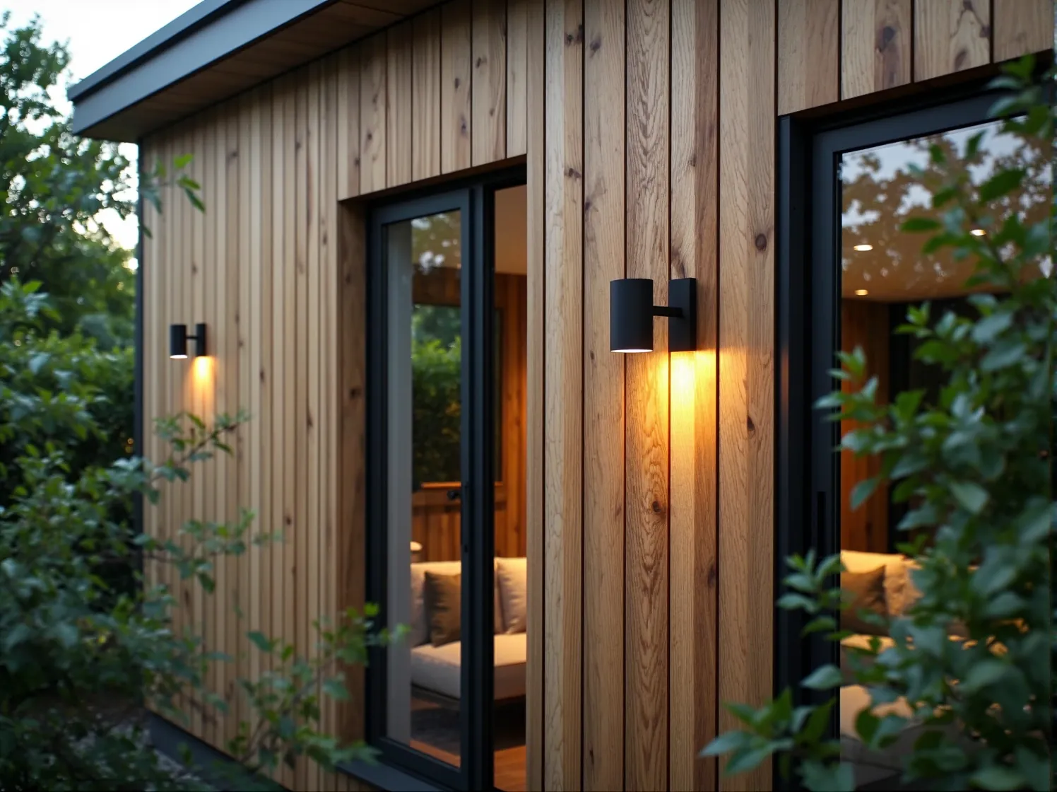 Ciepłe oświetlenie fasady z drewna podkreślające strukturę materiału.