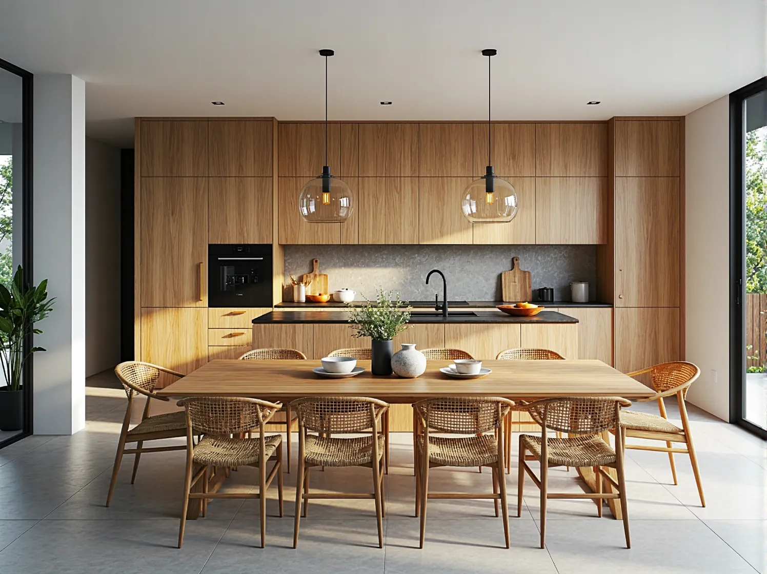 Stylowe oświetlenie wiszące nad drewnianym blatem kuchennym w przytulnym, domowym wnętrzu.