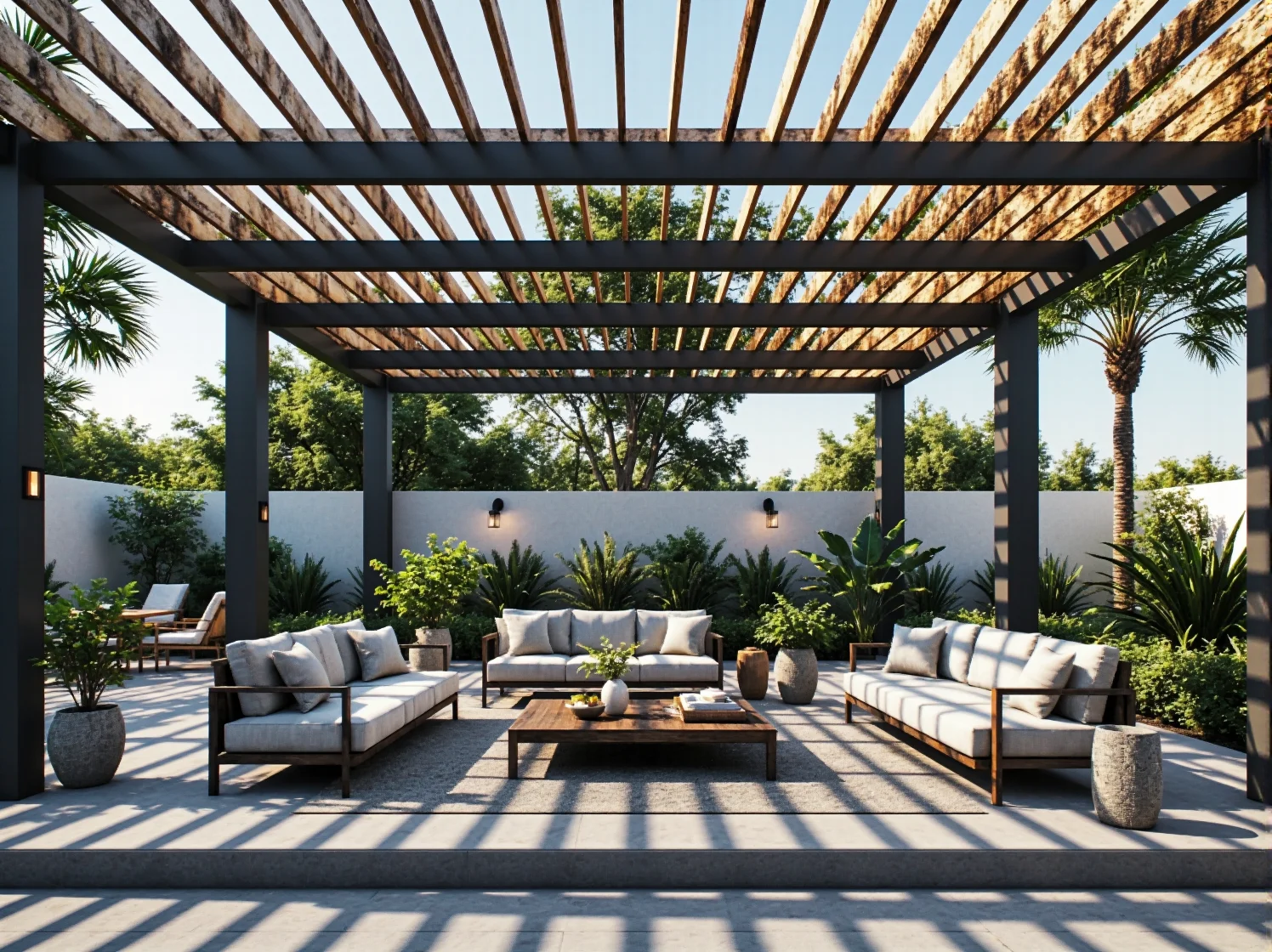 Aranżacja pergoli o zmierzchu z użyciem różnych lamp ogrodowych, które podkreślają jej tropikalny charakter.