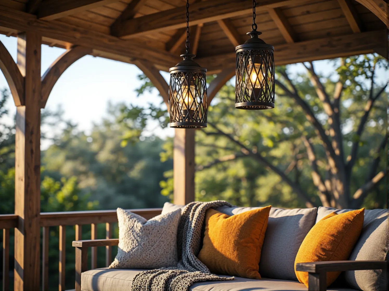 Dyskretne lampy typu słupek oświetlające ścieżkę prowadzącą do drewnianej altany w ogrodzie.