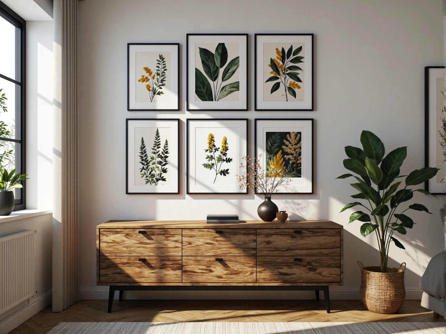 Nowoczesna lampa wisząca jako kluczowy element oświetlenia w skandynawskiej sypialni.