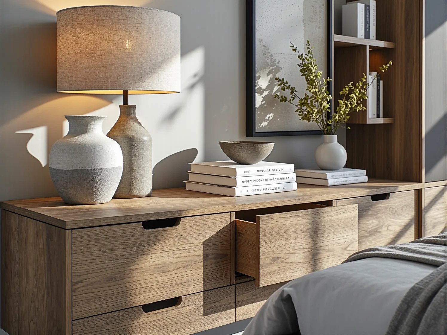 Wąska komoda modułowa idealnie wpasowana w trudną przestrzeń, maksymalizując przechowywanie.