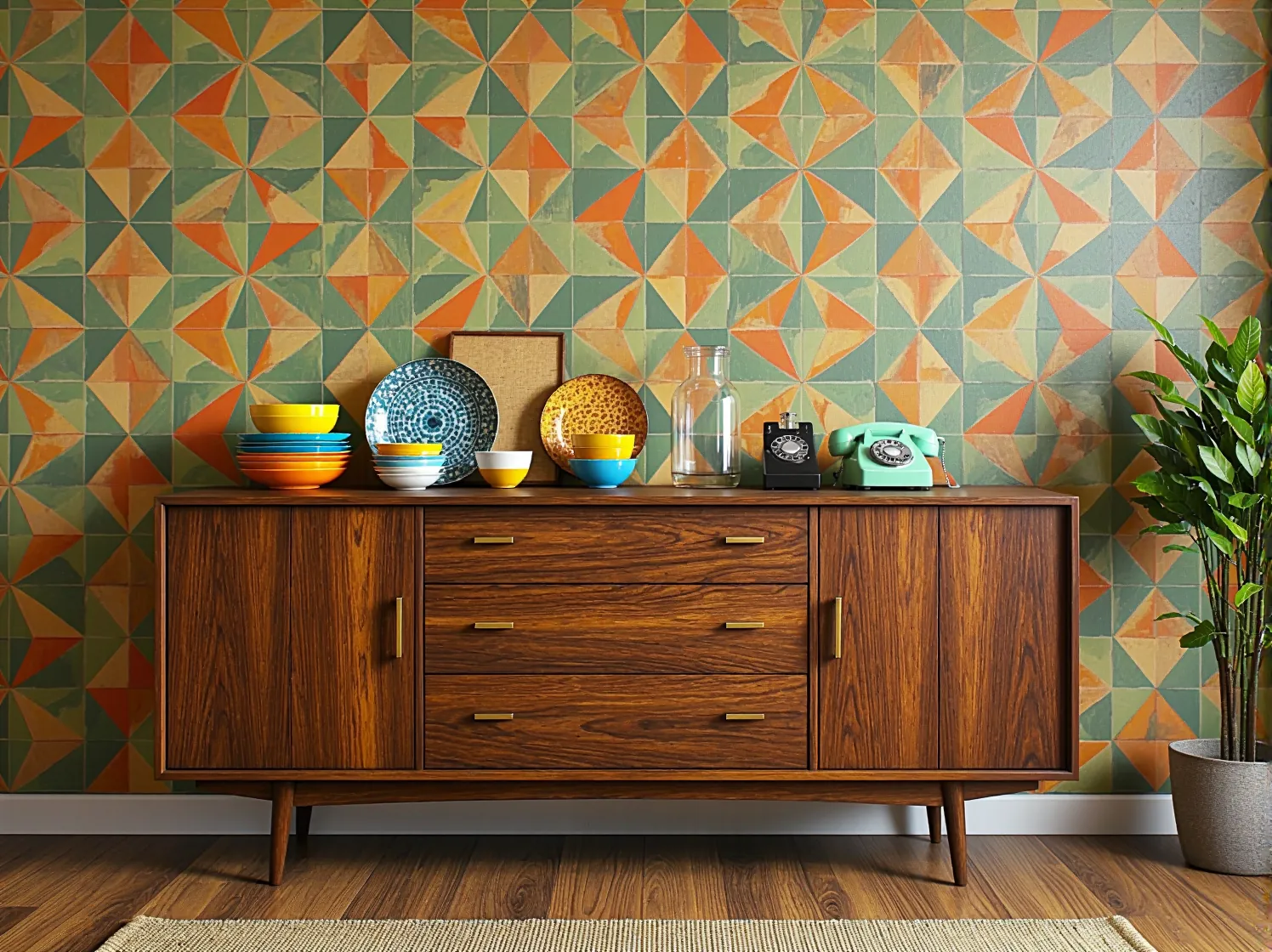 Salon w stylu lat 50. z pastelowymi kolorami – miętowa sofa i pudrowo-różowe dodatki na ścianie.