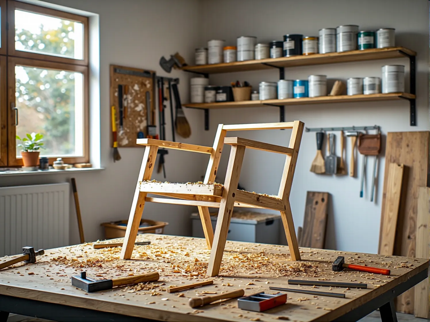 Proces tworzenia spersonalizowanego mebla DIY, odzwierciedlający nowe wyzwania rzemieślnicze.