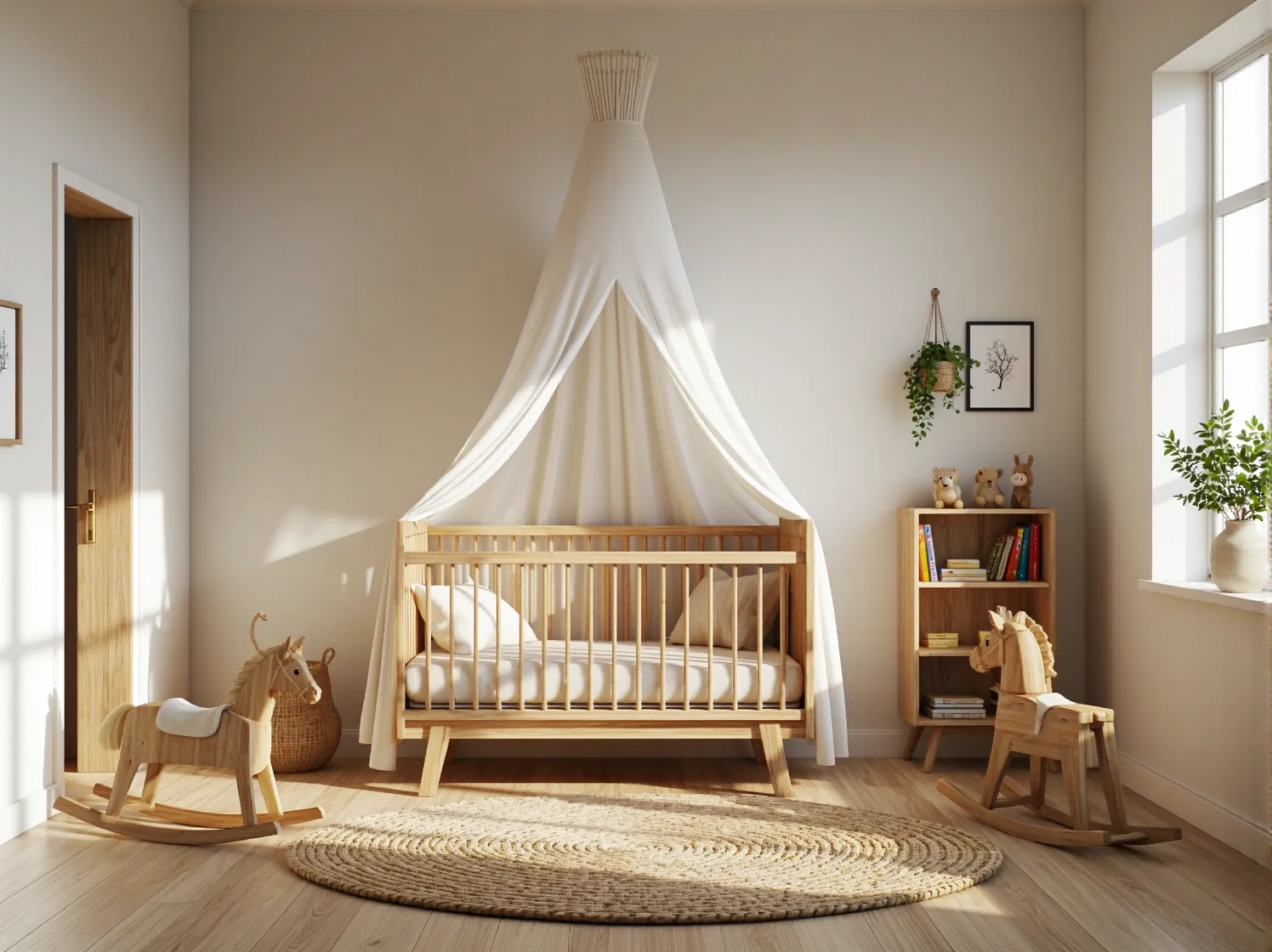 Łóżeczko dziecięce sosnowe z baldachimem i szczebelkami