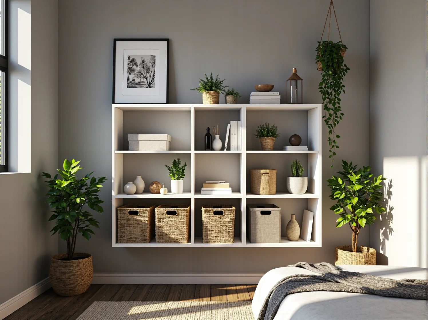 Nowoczesna, jasna sypialnia w małym mieszkaniu. Pomysł na optyczne powiększenie przestrzeni.