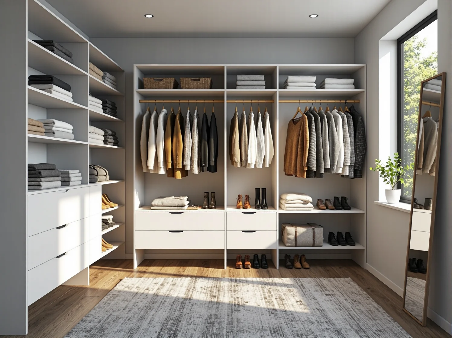 Biała szafa garderobiana otwarta z półkami i szufladami