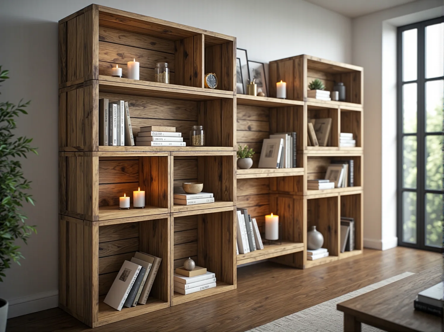 Drewniany regał wiszący z efektem postarzanego, bielonego drewna, idealny do wnętrz rustykalnych.