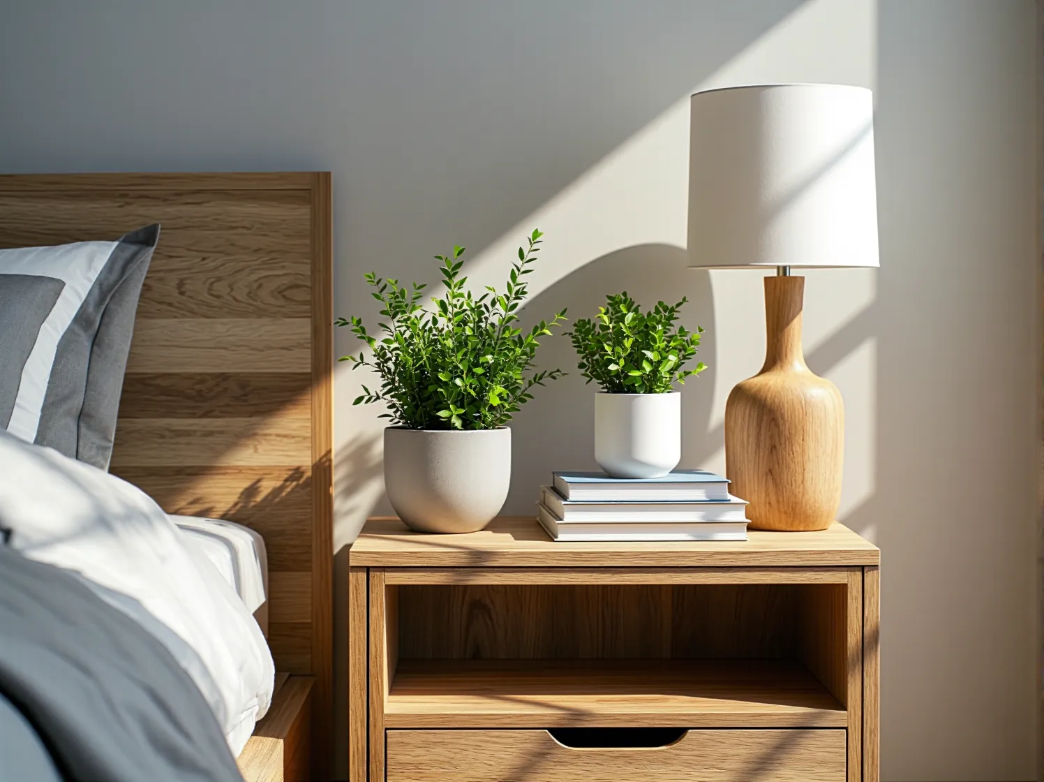 Praktyczne dodatki w małej sypialni: łóżko z pojemnikiem na pościel i wiszące półki oszczędzające miejsce.