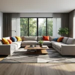 Modułowa sofa narożna szara z kolorowymi poduszkami dekoracyjnymi