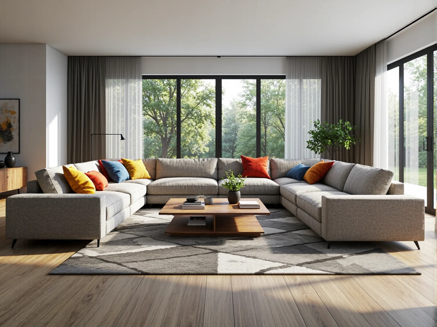 Modułowa sofa narożna szara z kolorowymi poduszkami dekoracyjnymi