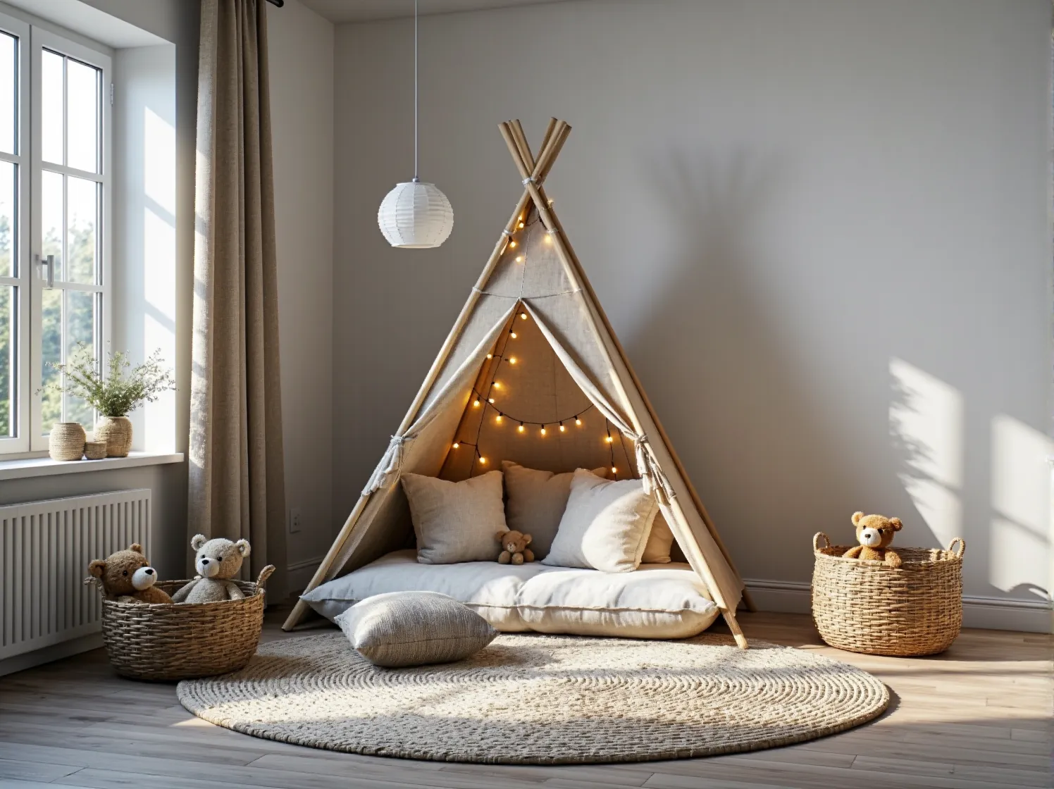 Inteligentne przechowywanie w małym pokoju: wąska szafa i wiszące organizery w skandynawskiej aranżacji.