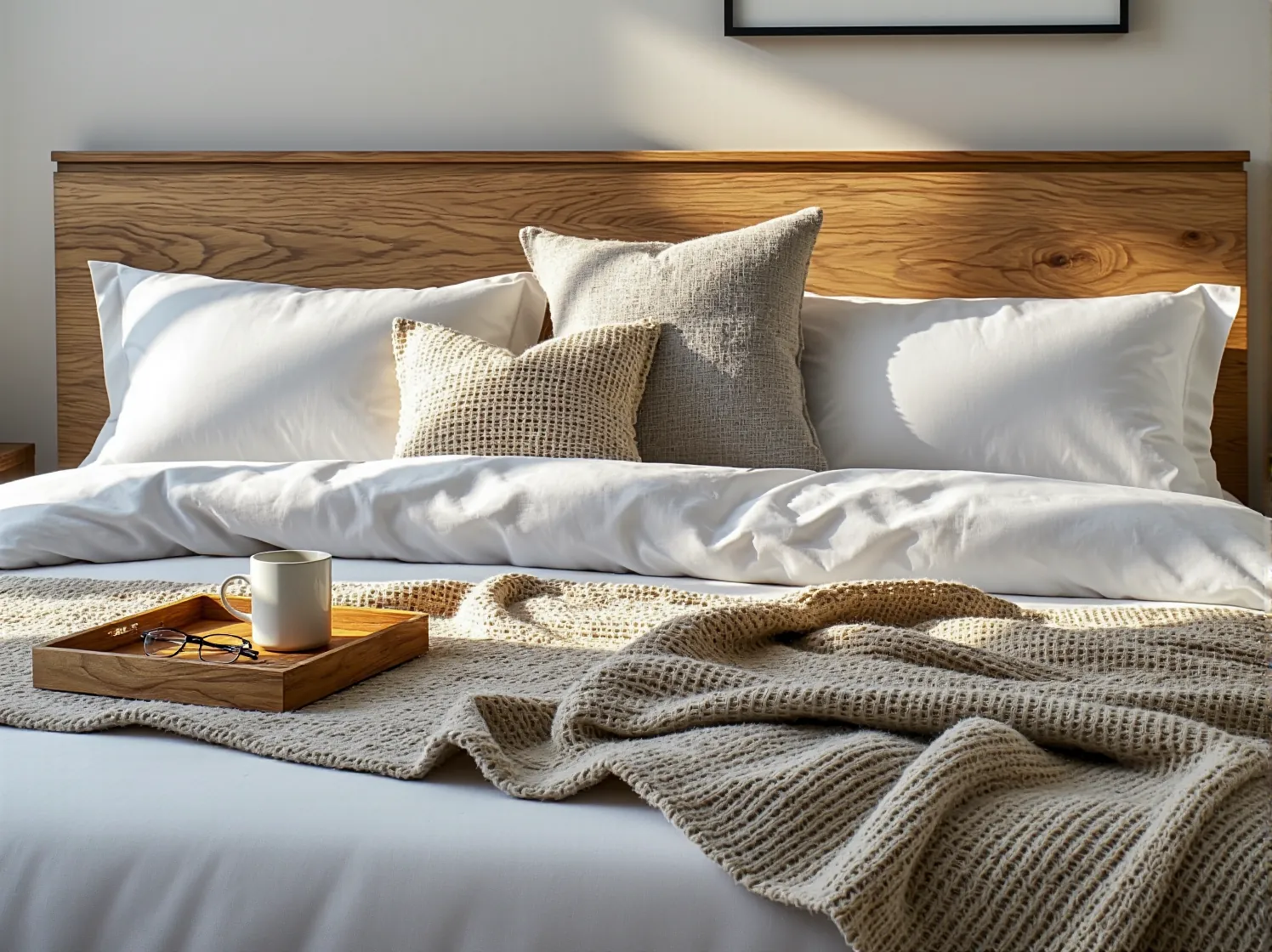 Funkcjonalna komoda z jasnego drewna, oferująca stylowe przechowywanie w sypialni.